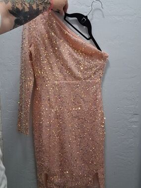 One-Shoulder Sequin Cocktail Dress in Blush Pink (M)